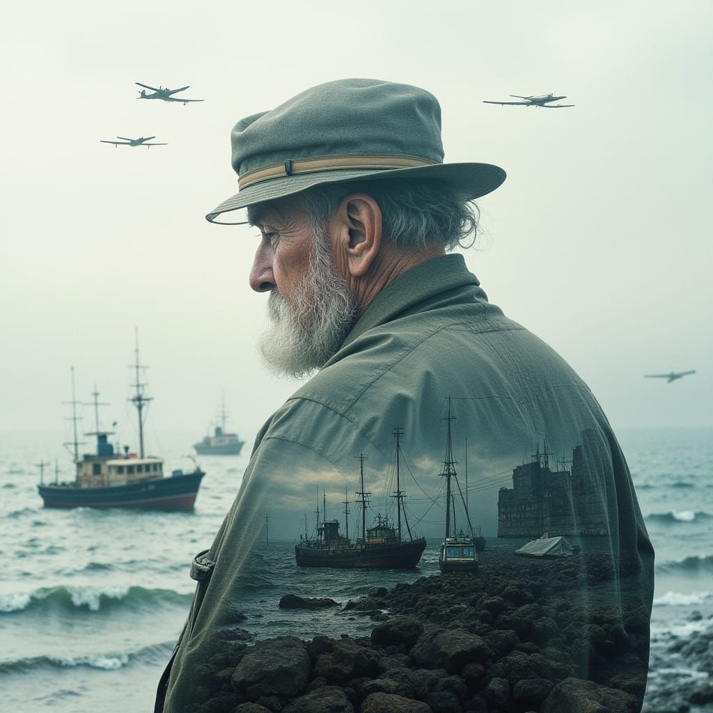 Sad Fisherman Double Exposed with Stormy Sea