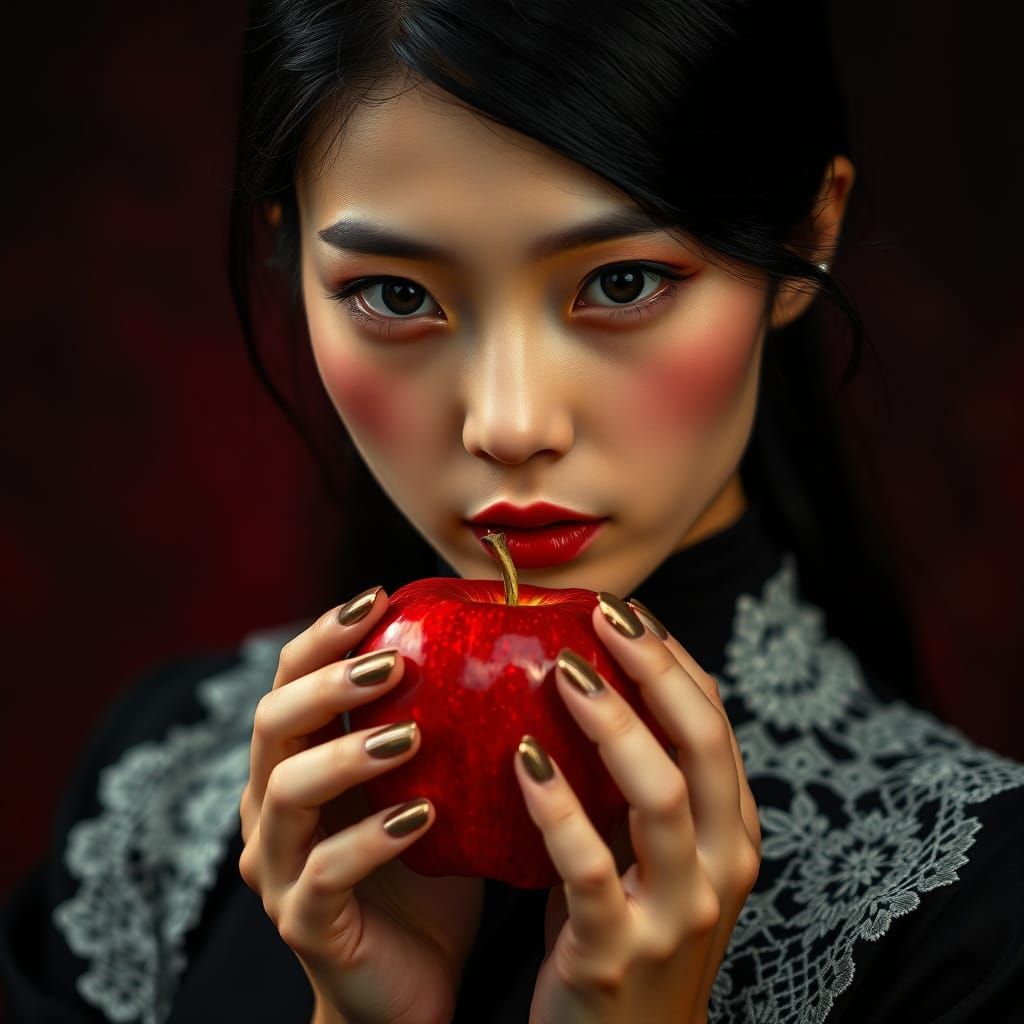 Young Woman With Red Apple in Romantic Painting Style