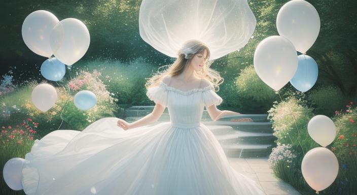 Woman Releasing Balloons in Moonlit Garden as Impressionisti...