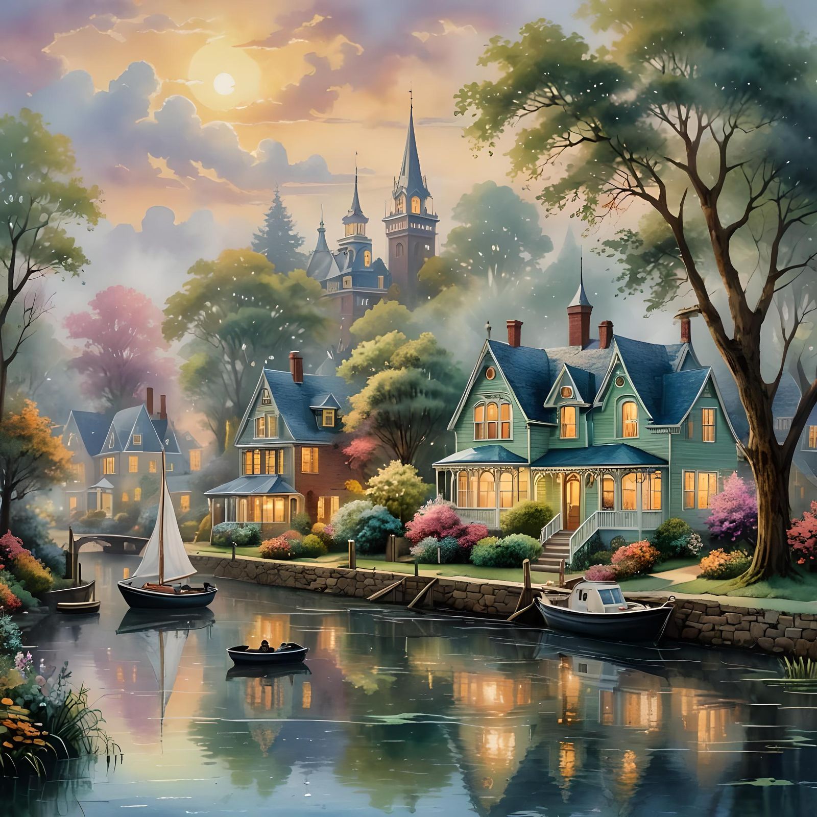 Victorian Canal Scene in Detailed Watercolor Style