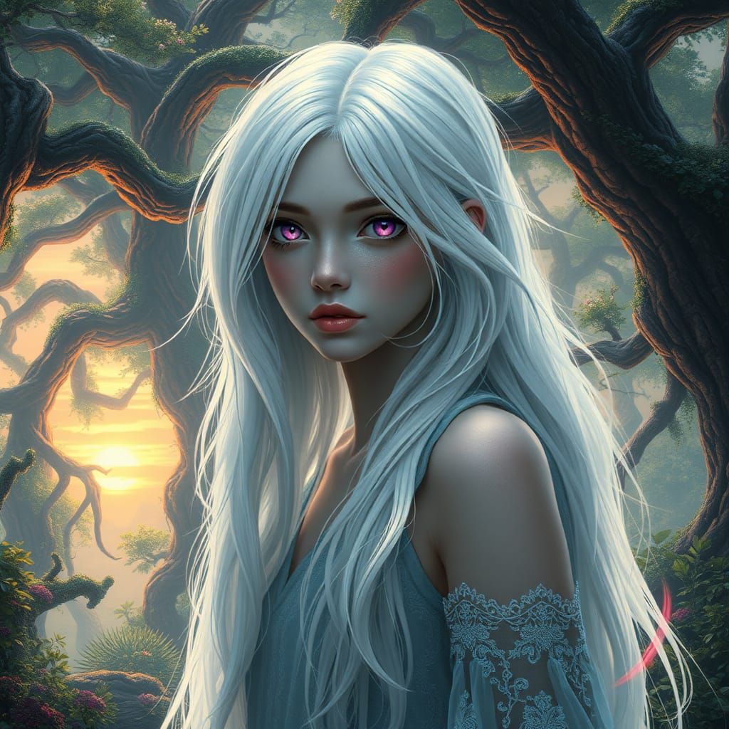 Ethereal Girl with Purple Eyes in Fantasy Realm