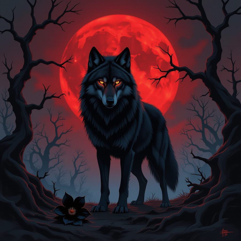 Ancient Wolf Silhouetted Against Blood Moon in Gothic Forest