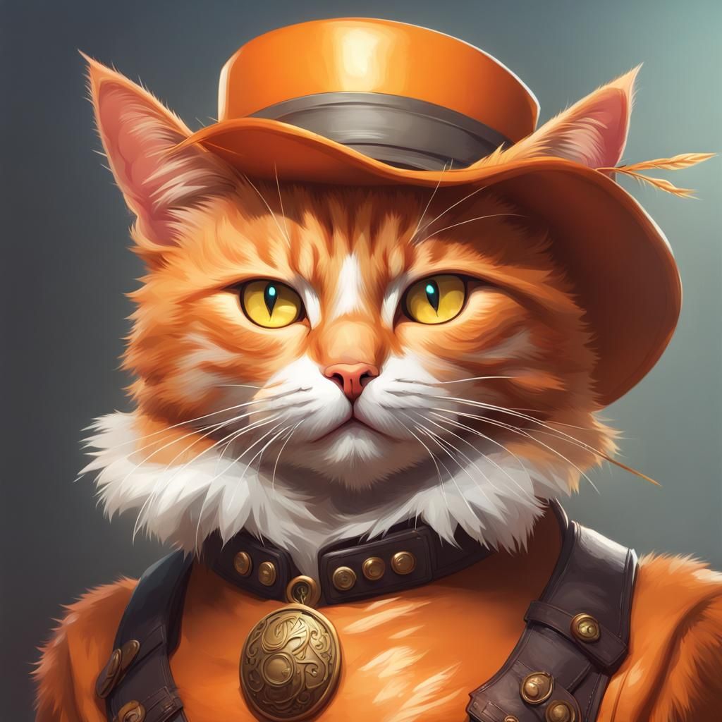 Orange Cat Portrait with Boots, Hyperdetailed Art