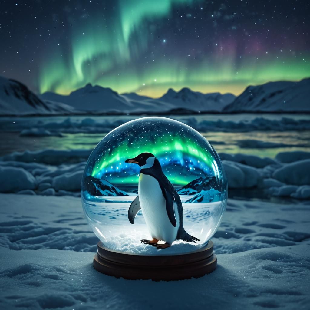 Penguin with Snow Globe and Northern Lights