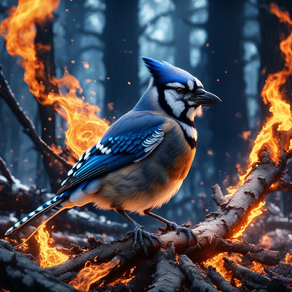 Bluejay Ablaze: A Fantastical Digital Painting
