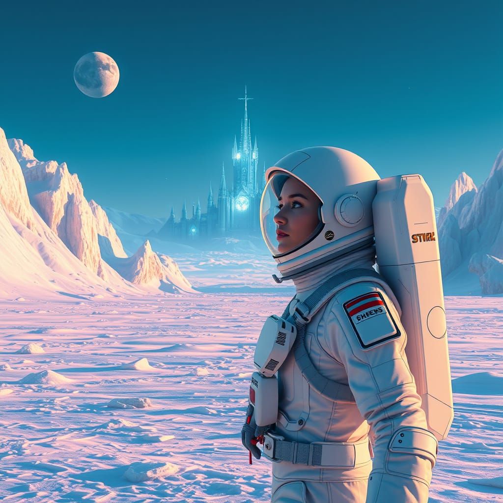 Astronaut on Ice Planet with Crystal Castle