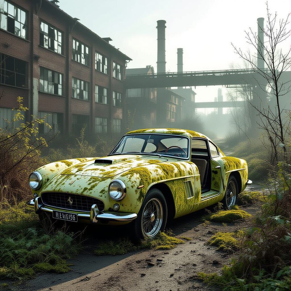 Derelict 1948 Ferrari Moss Covered in Foggy Industrial Lands...