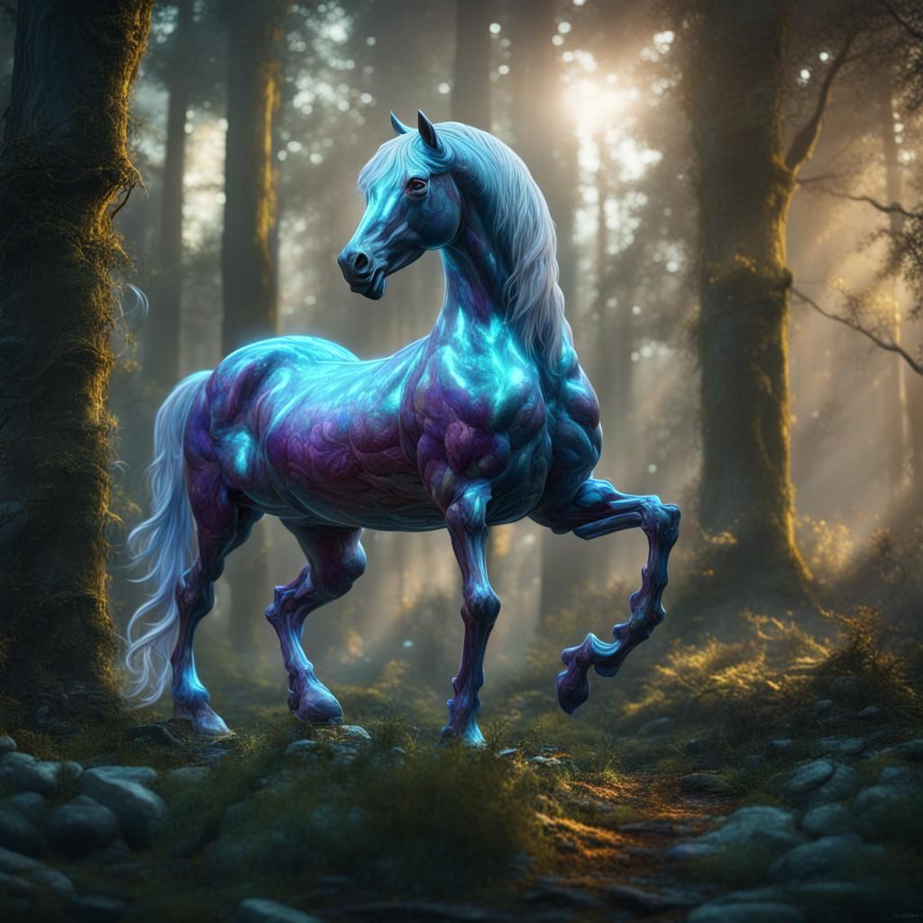 Glass Horse in Magical Forest: Fantasy Art