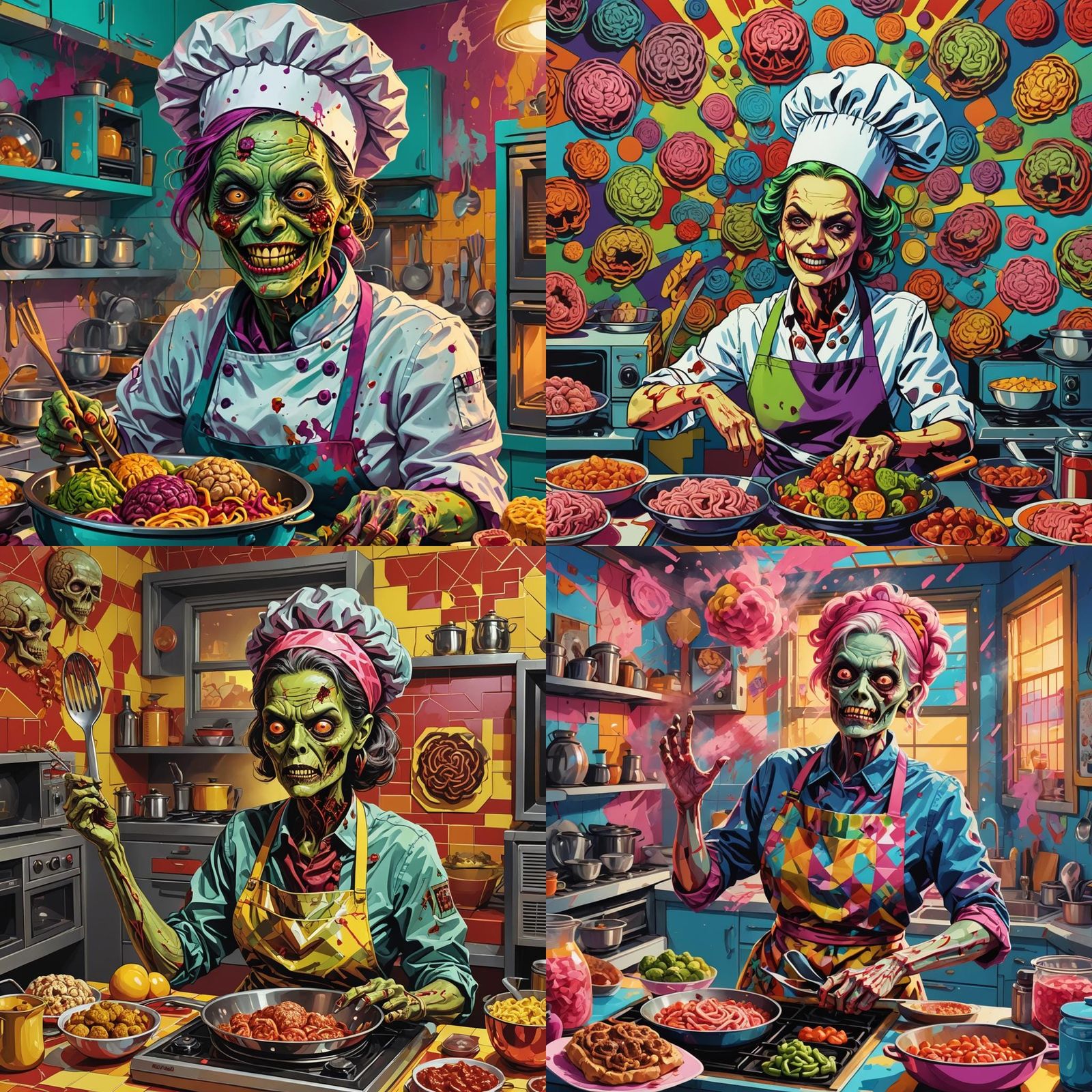 Happy Zombie Cooking Brains: Pop Art Digital Illustration