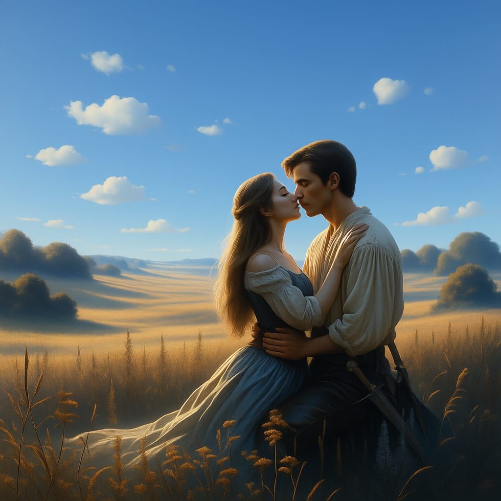 Romantic Couple Kissing in Twilight Field Fantasy Concept Ar...