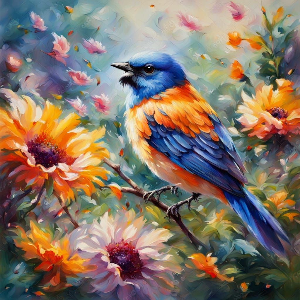 Vibrant Impressionist Garden Oil Painting with Birds