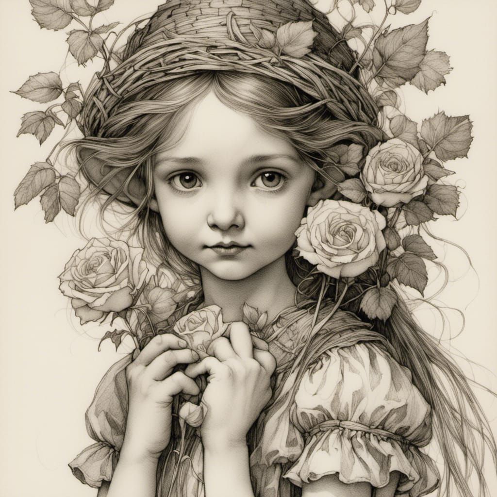 Flower Elf with Roses Line Etching