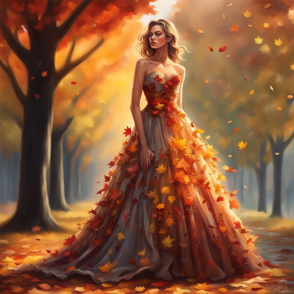 Intricately Detailed Autumn Prom Dress in Splash Art