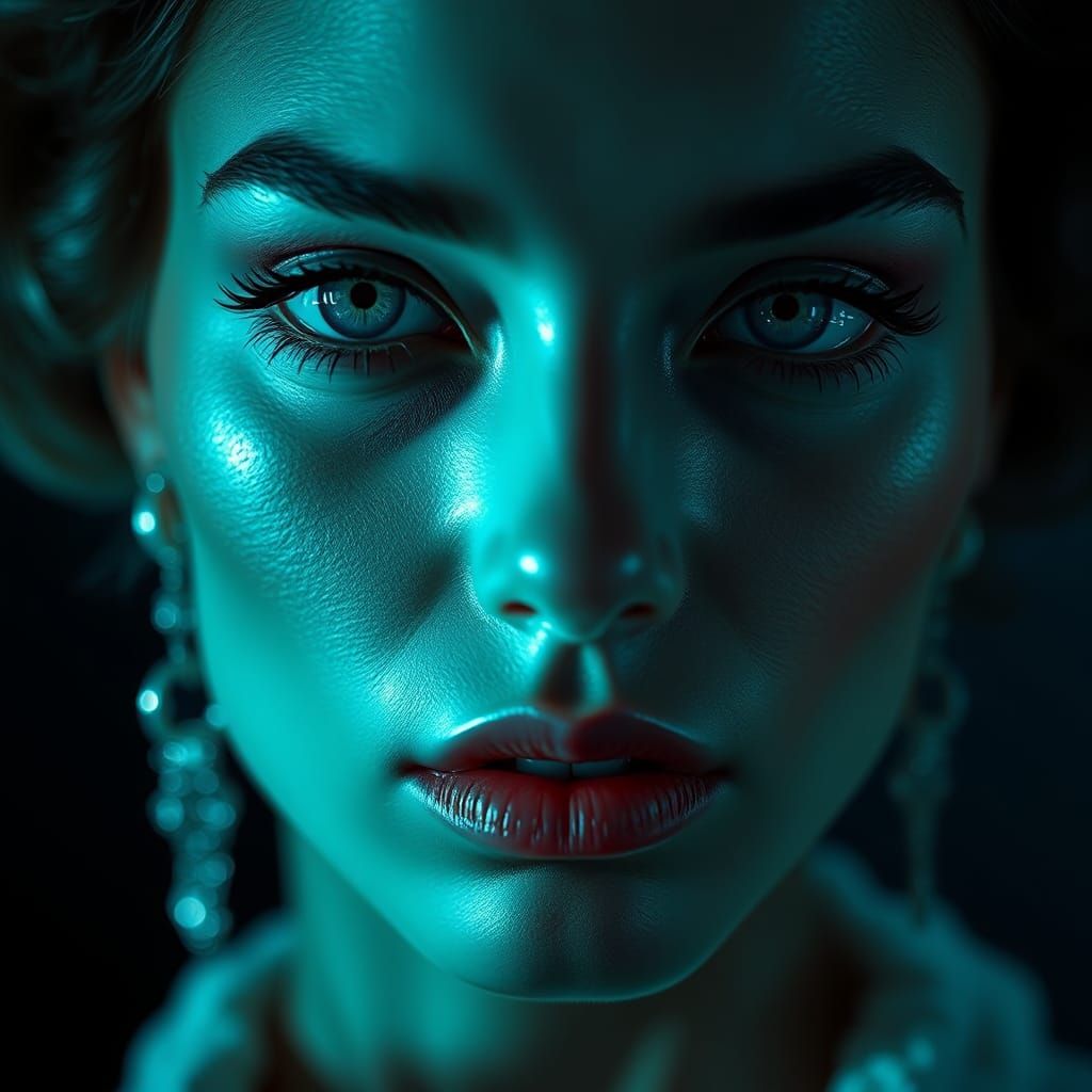 Cyan-Lit Model in Symmetrical Pose, Fashion Photography
