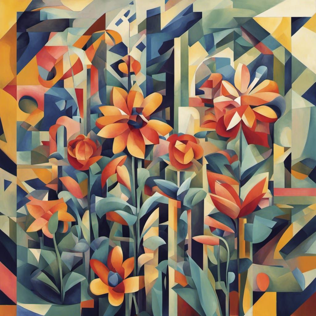 Secret Flower Garden Cubist Painting in Geometric Fauvism