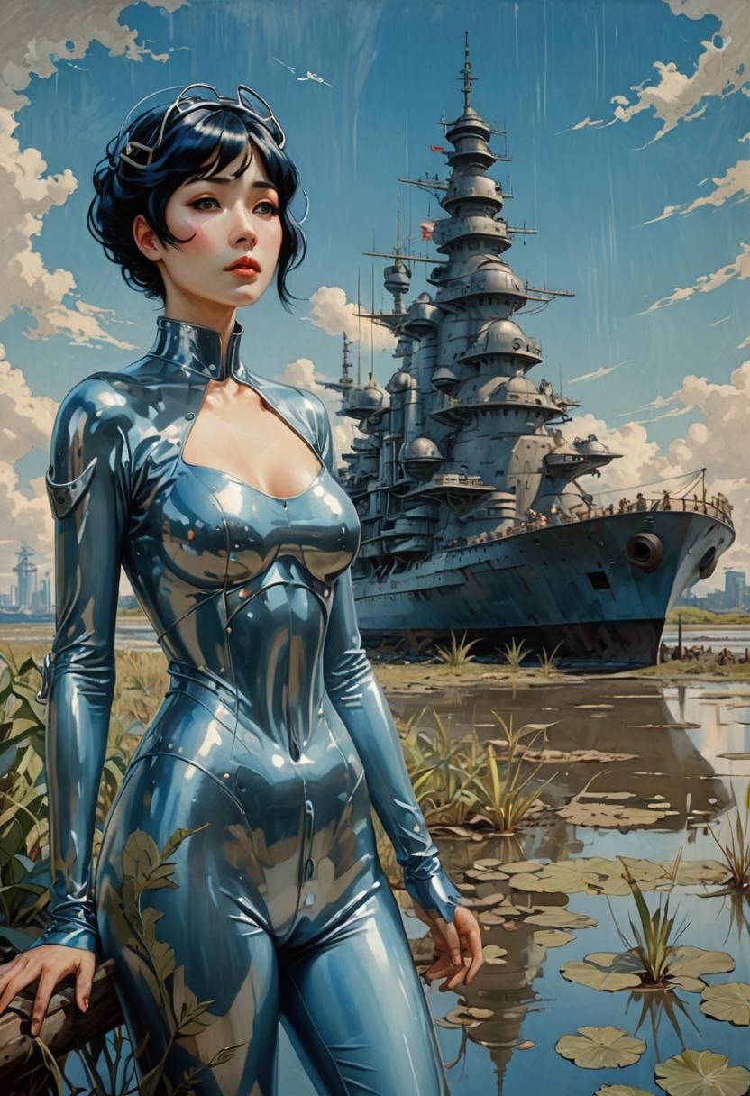 Woman in Latex Suit with Battleship, Art Nouveau