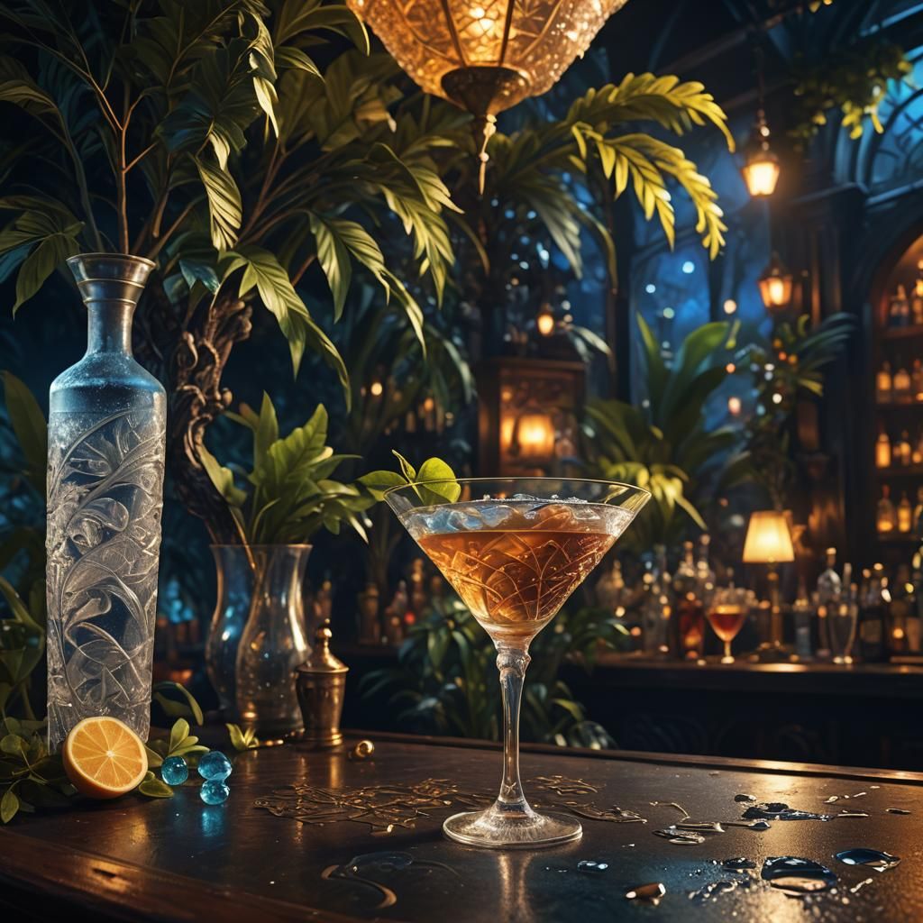 Luxurious Martini on Antique Bar, Digital Matte Painting