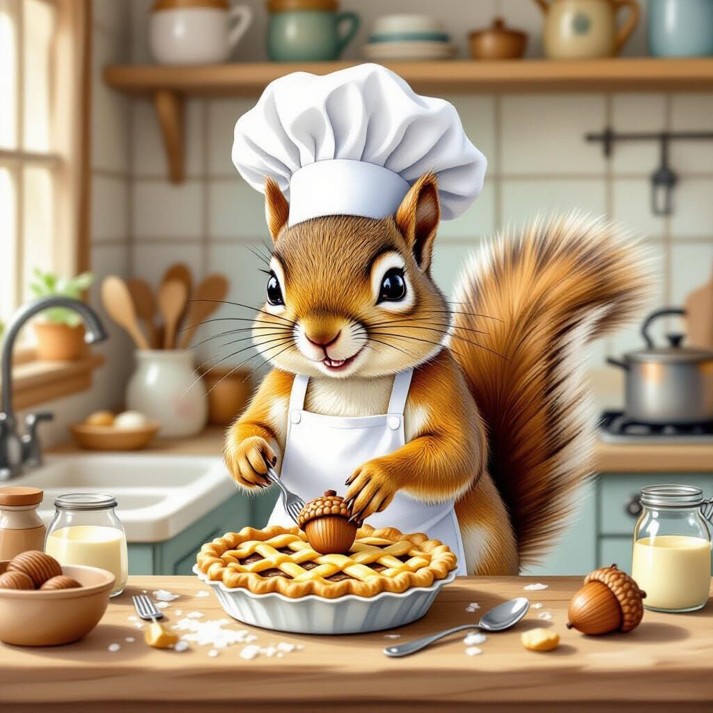 Squirrel Chef Bakes Acorn Pie: Whimsical Watercolor