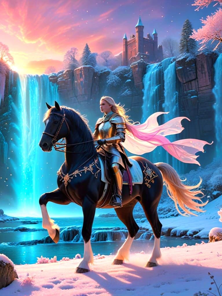 Surreal Winter Fantasy Castle Landscape with Majestic Knight