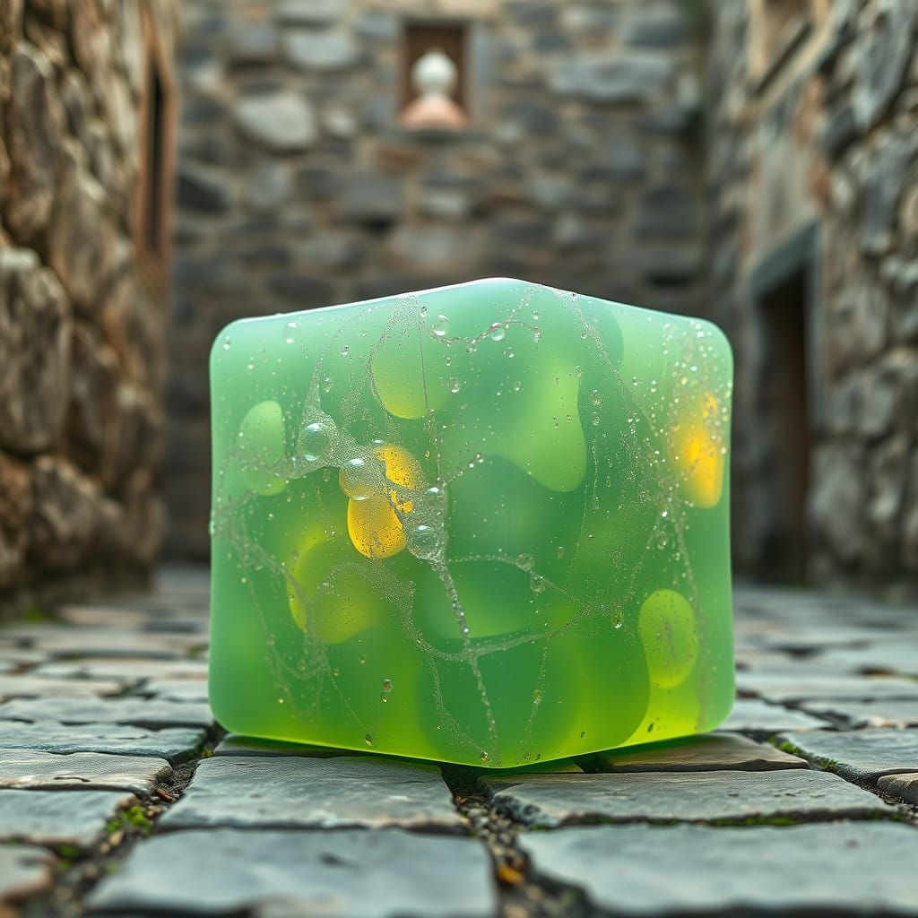 Mint-Green Gelatinous Cube in Ancient Stone Courtyard
