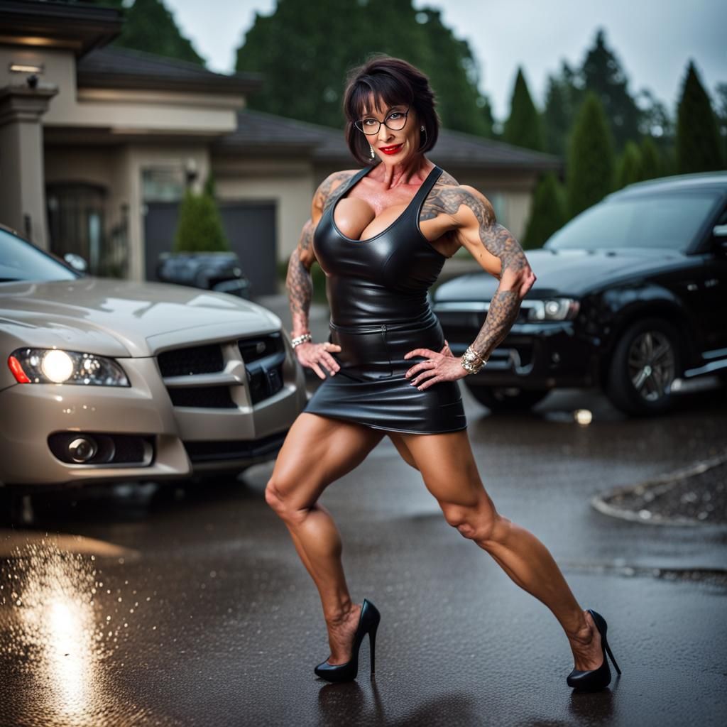 Female Bodybuilder in Rain, Professional Photography