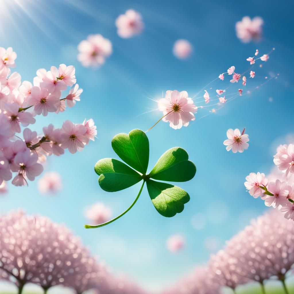 Four-Leaf Clover in Field of Cherry Blossoms