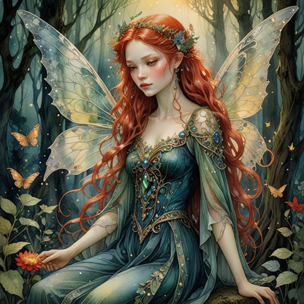 Majestic Red Haired Fairy Queen in Dreamy Landscape