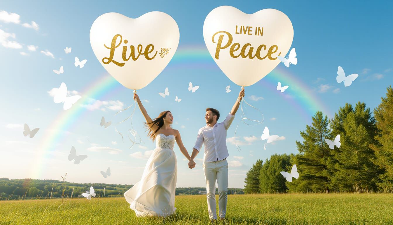 Photorealistic Rainbow Couple Floating with Butterflies