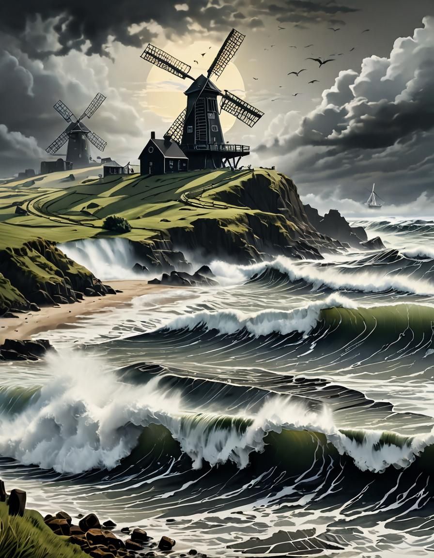 Ocean Storms and Dilapidated Windmill in Moody Oil Painting