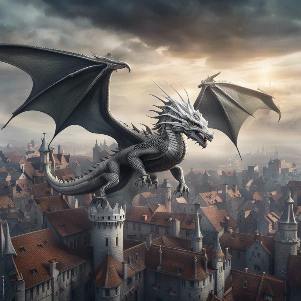 Silver European Dragon Over Medieval City