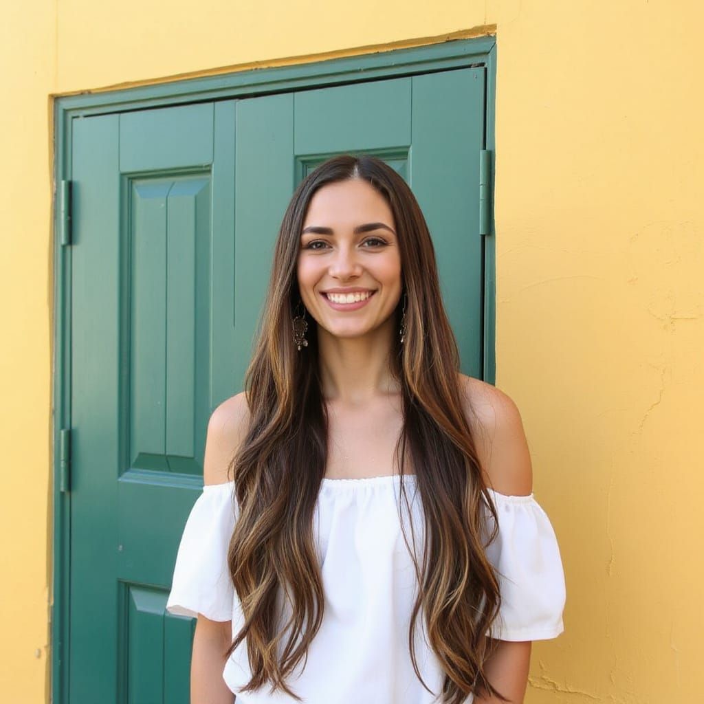 Woman in White Top Against Yellow Wall