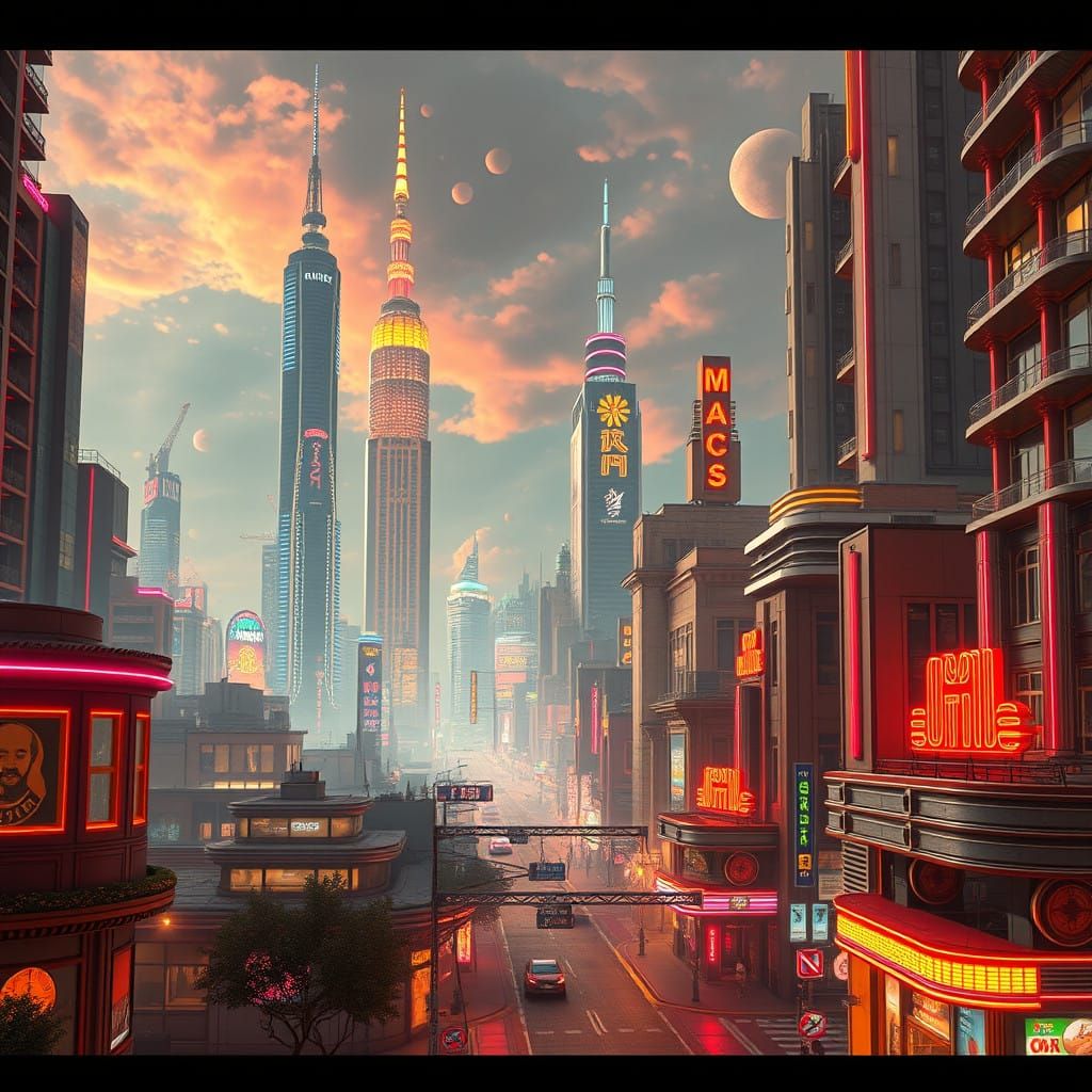 Retro-Futuristic Metropolis in the Style of 1940s Pulp Ficti...