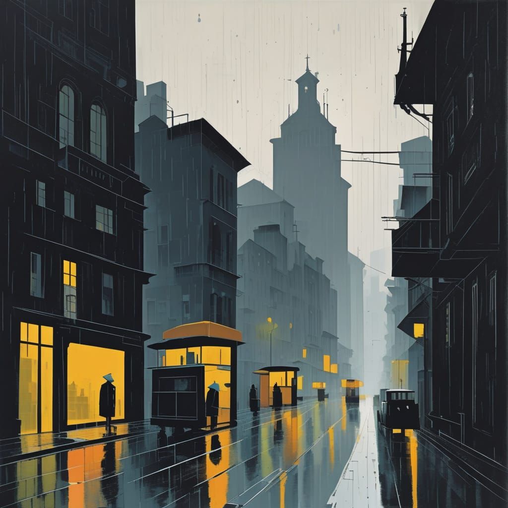 Kafkaesque Noir Cityscape with Geometric Shapes