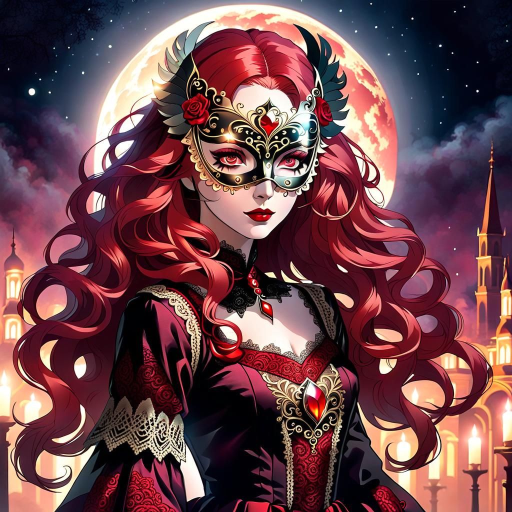 Mysterious Woman in Ruby Mask Under Twilight Moon