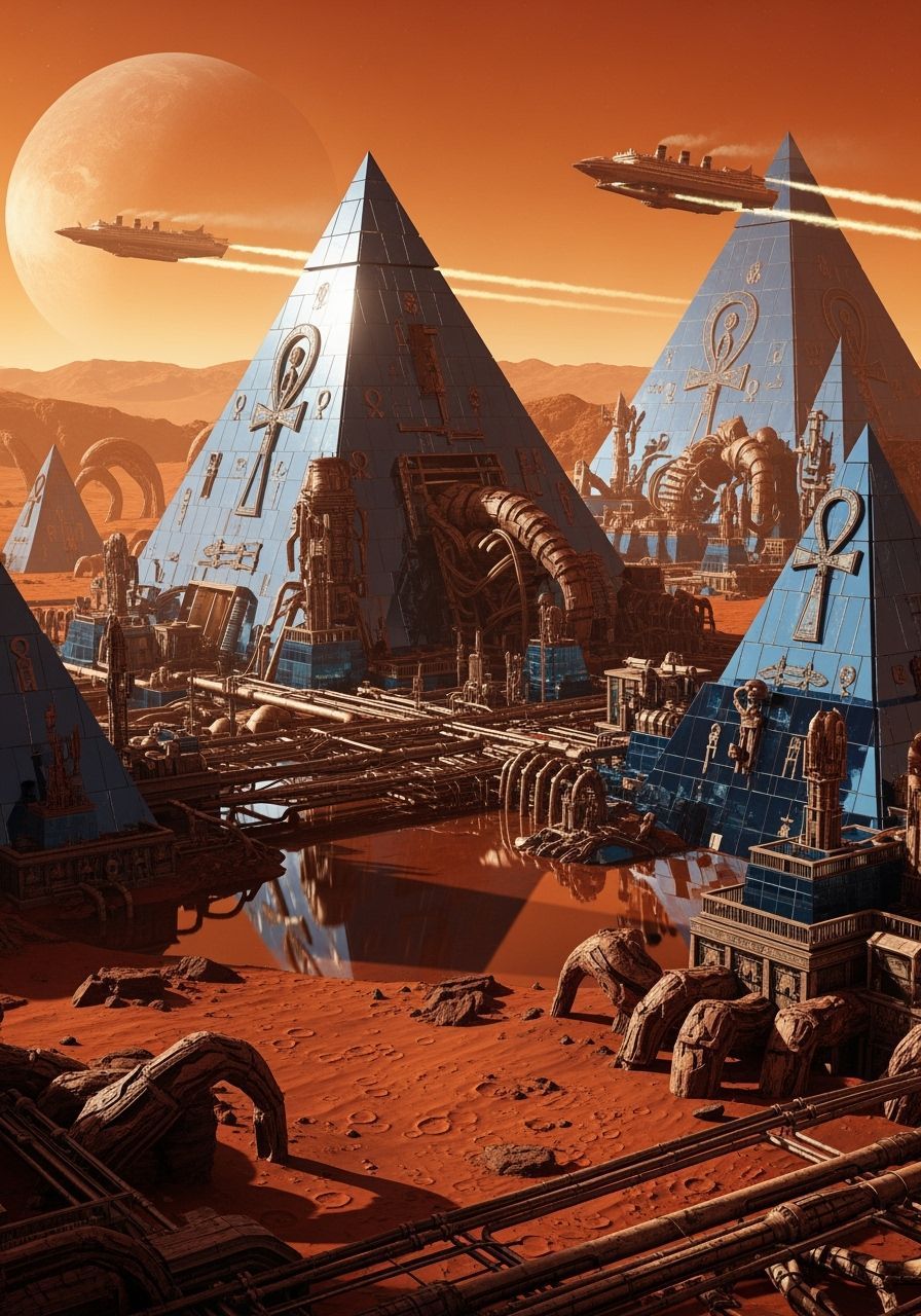 Surreal Egyptian Cityscape on Mars in Retro-Futurist Style