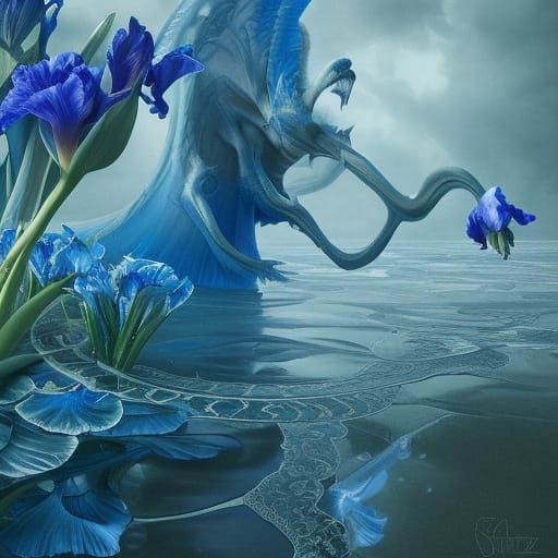 Lord Zephyr Collects Azure Irises: Hyperrealistic Photoillus...
