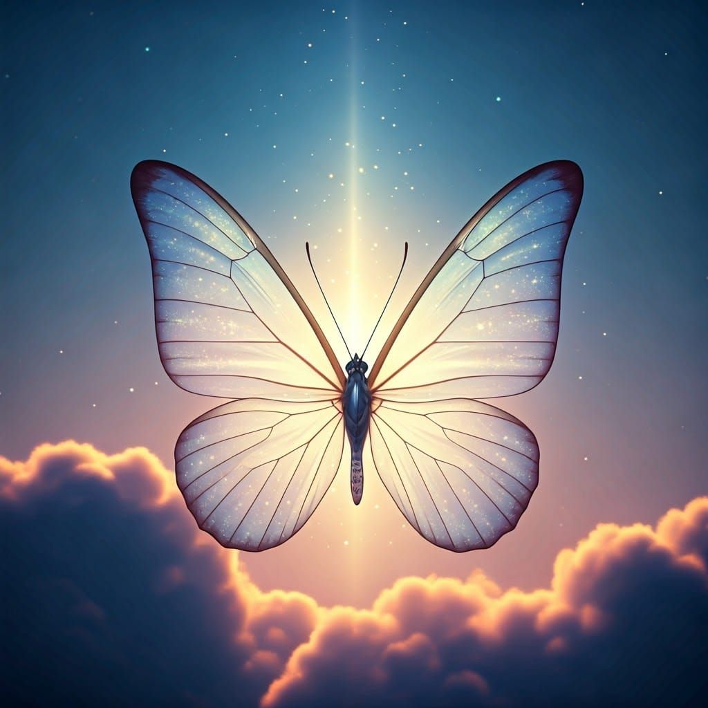Ethereal Butterfly Radiates Heavenly Glow in Clouds
