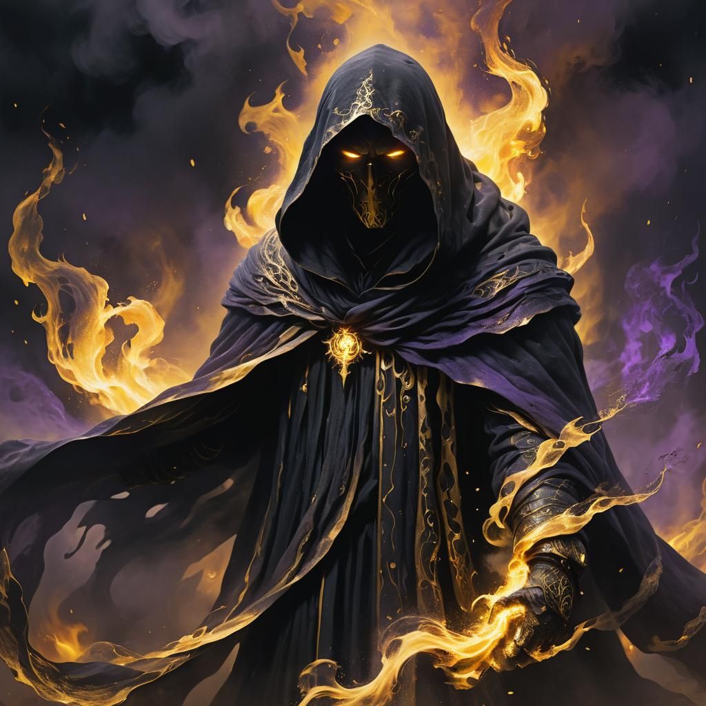 Figure in Black and Gold Mist, Dark Fantasy Art