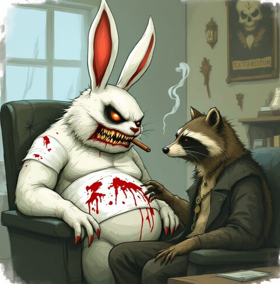 Menacing White Rabbit in Therapy with Raccoon