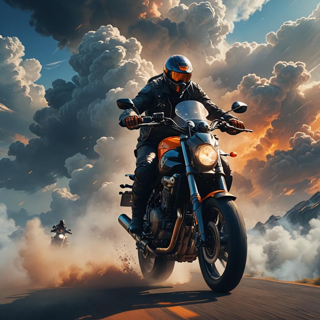 Motorcycle Rider Soaring Through Clouds: Cinematic Concept A...