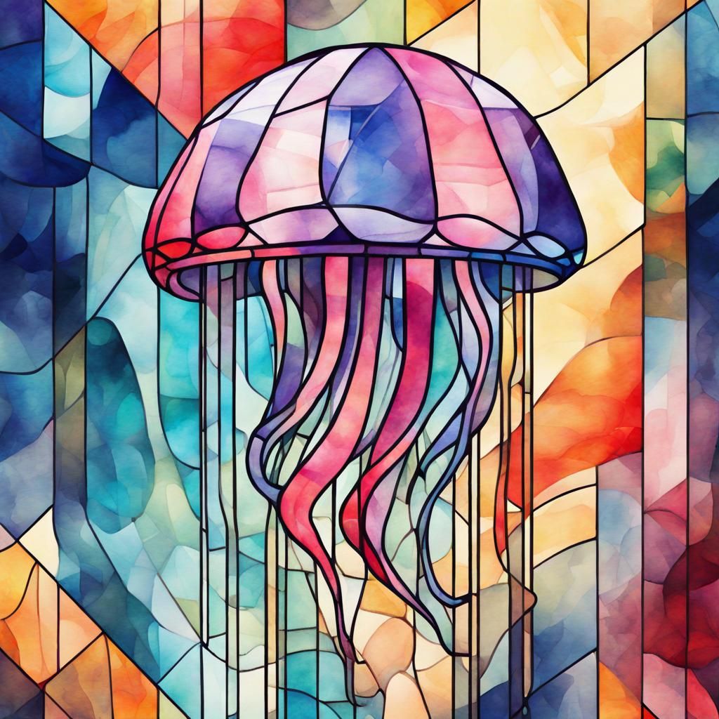 Mystic Stained Glass Jellyfish in Watercolor Style