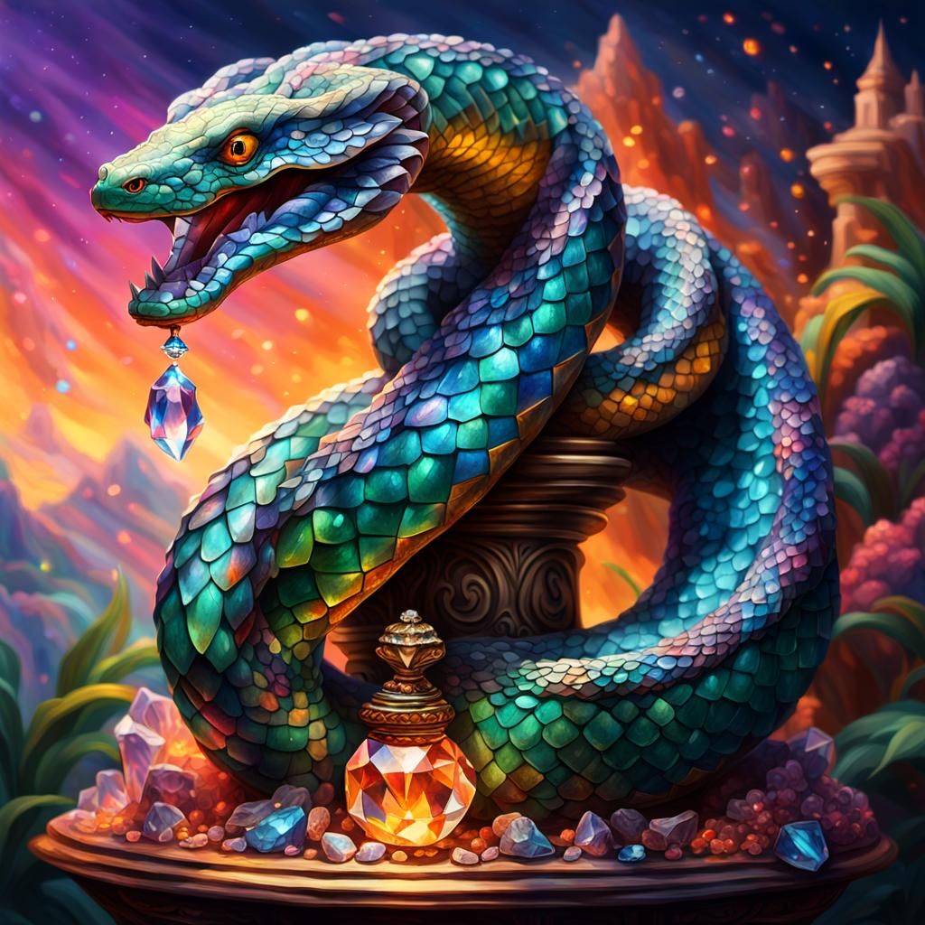 Multi-Headed Serpent Guarding Crystal Treasure in HDR