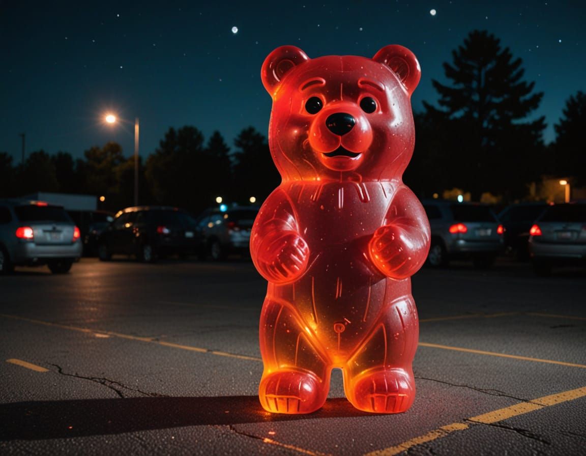 Giant Gummy Bear Under Neon Parking Lot Lights