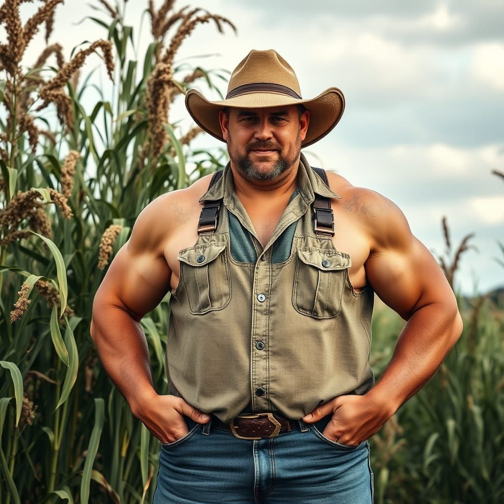 Rugged Farmer Stands Confidently
