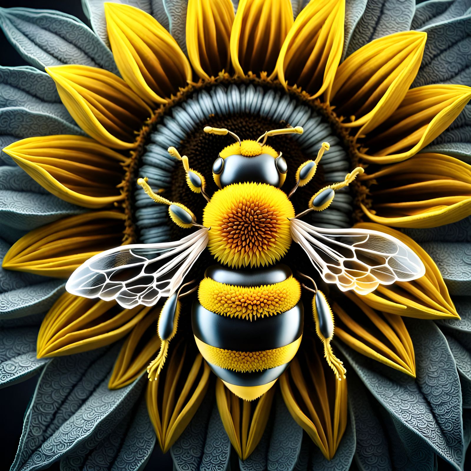 Macro Bee on Sunflower in Graffiti Art Style