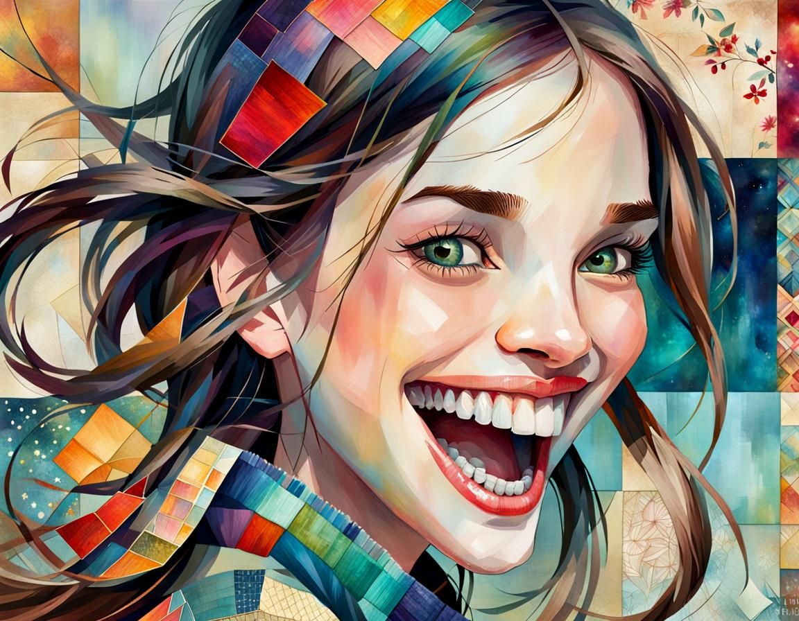 Gap-Toothed Girl's Joyful Smile in Patchwork Art