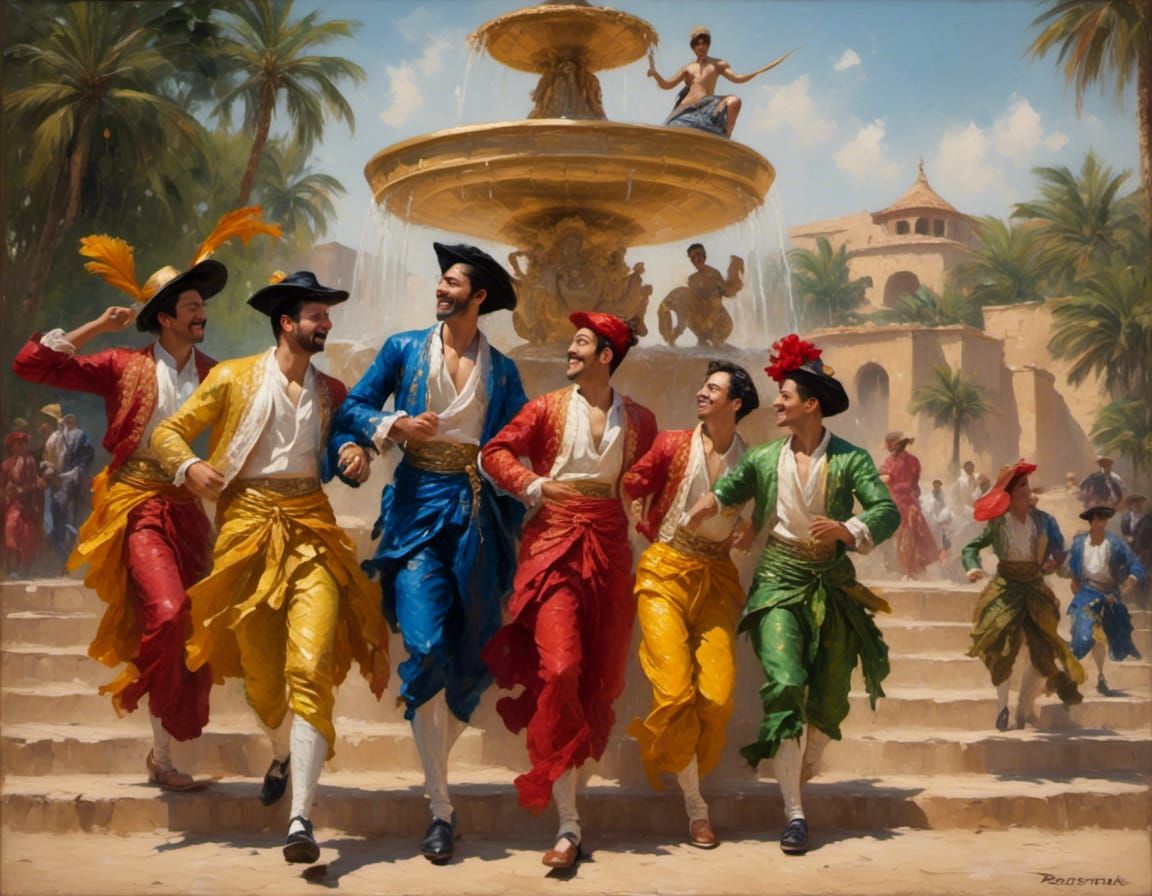 Orientalist Impasto Painting of Boys by Fountain