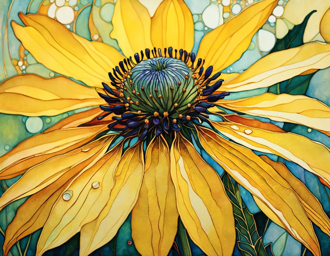 Ethereal Yellow Coneflower Macro in Mixed Media Style