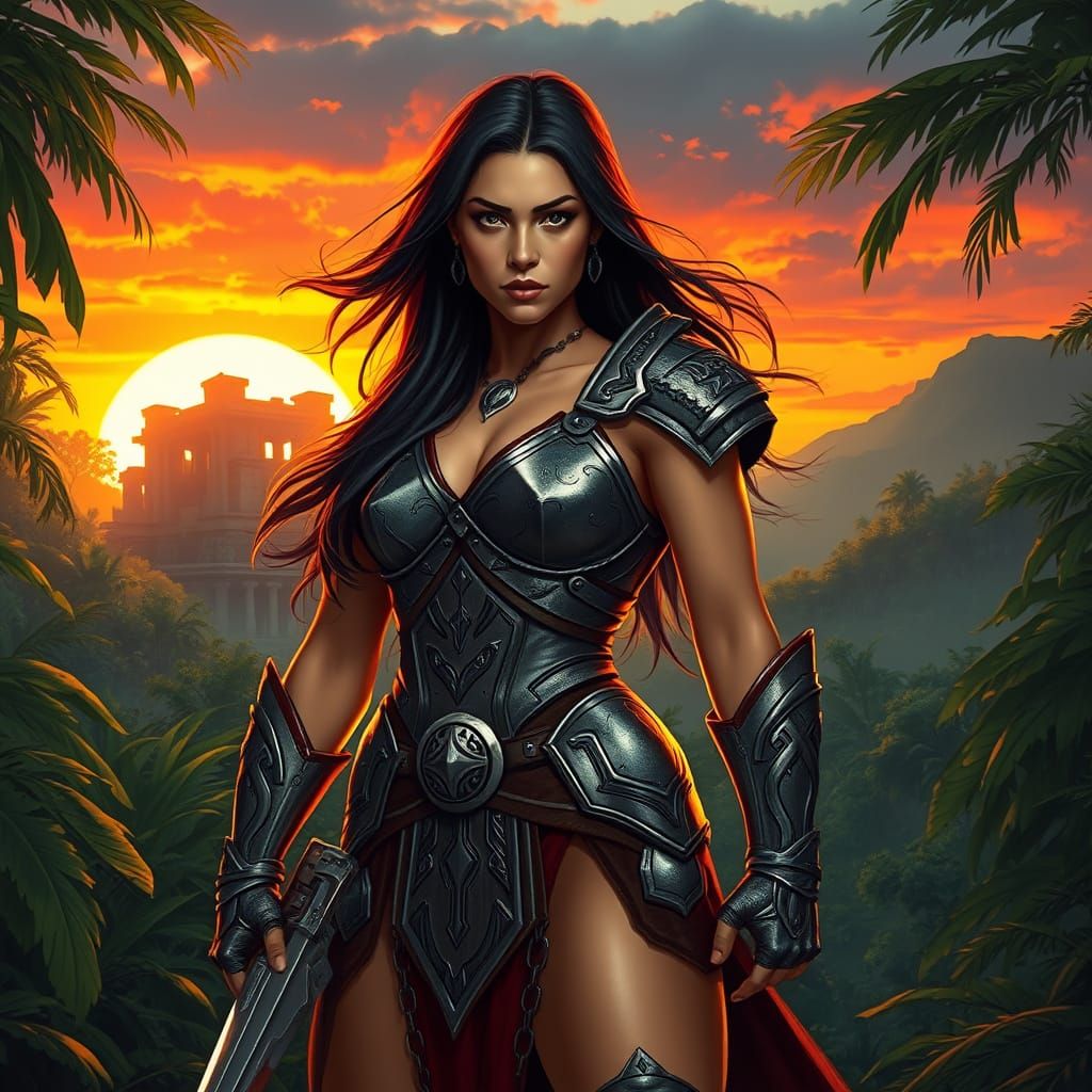 Determined Female Warrior in Ancient Jungle Ruins