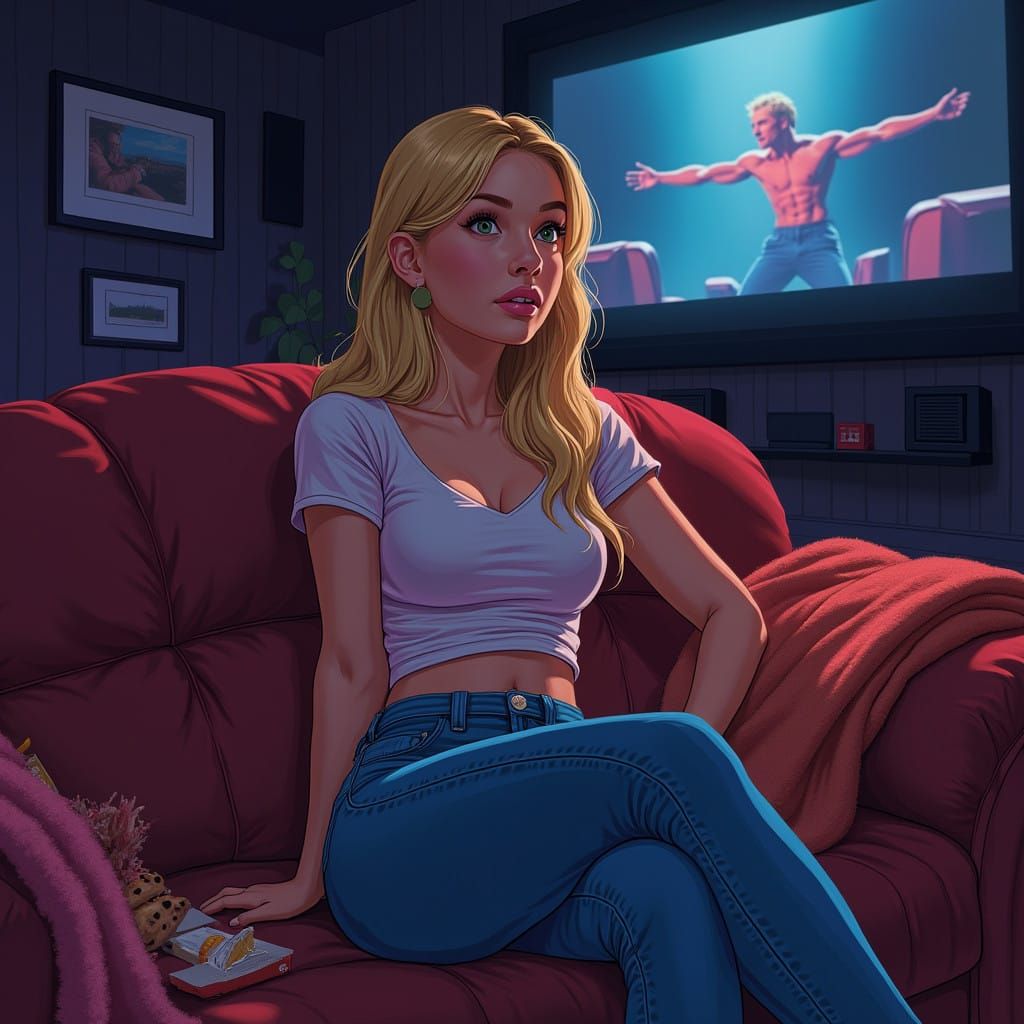 Woman Watching Magic Mike Movie in Cozy Home Theater Scene